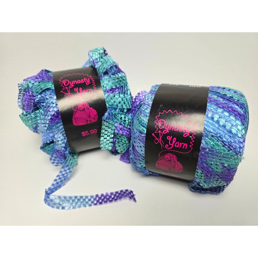 Dynasty Ribbon Yarn Blue Purple Ecuador Lot of 2 84 Yds. Ea. 100% Poly P9088